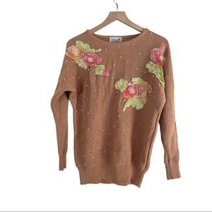 Vintage Lacy Afternoon Tan Embellished Sequin Long Sleeve Sweater Size XS